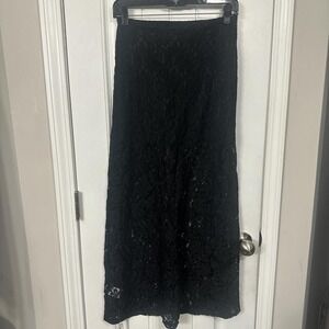 Black floral lace sheer midi skirt with elastic waistband and side slit. S